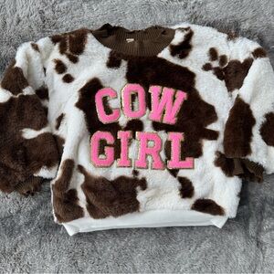 Judith March fuzzy cow print sweatshirt with varsity letters